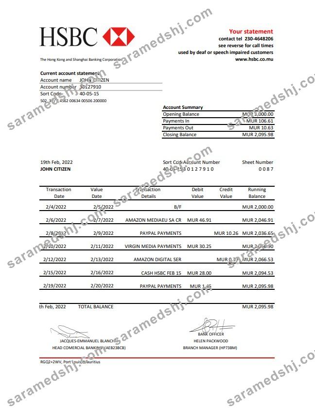 Mauritius HSBC bank statement